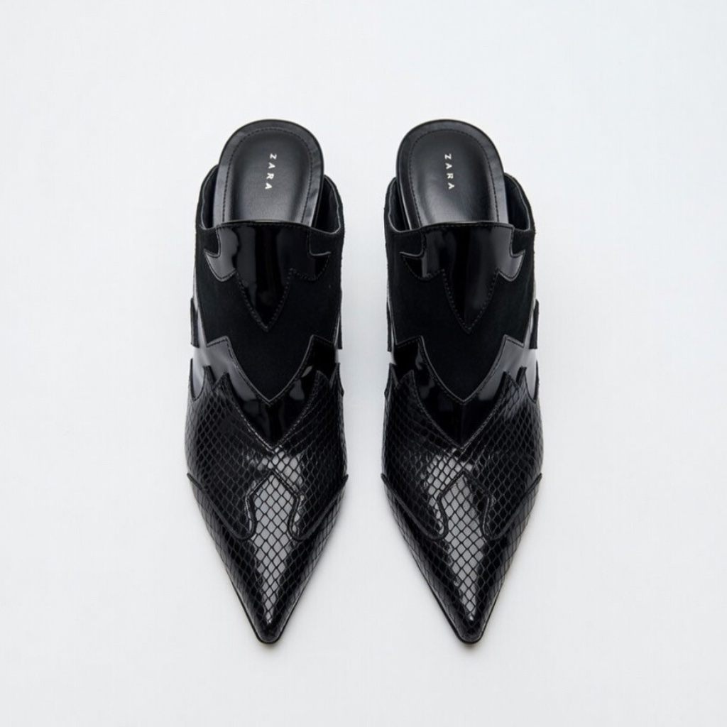 Zara Black Cut-Out Pointed Toe Heels | Snake Texture | Size 37